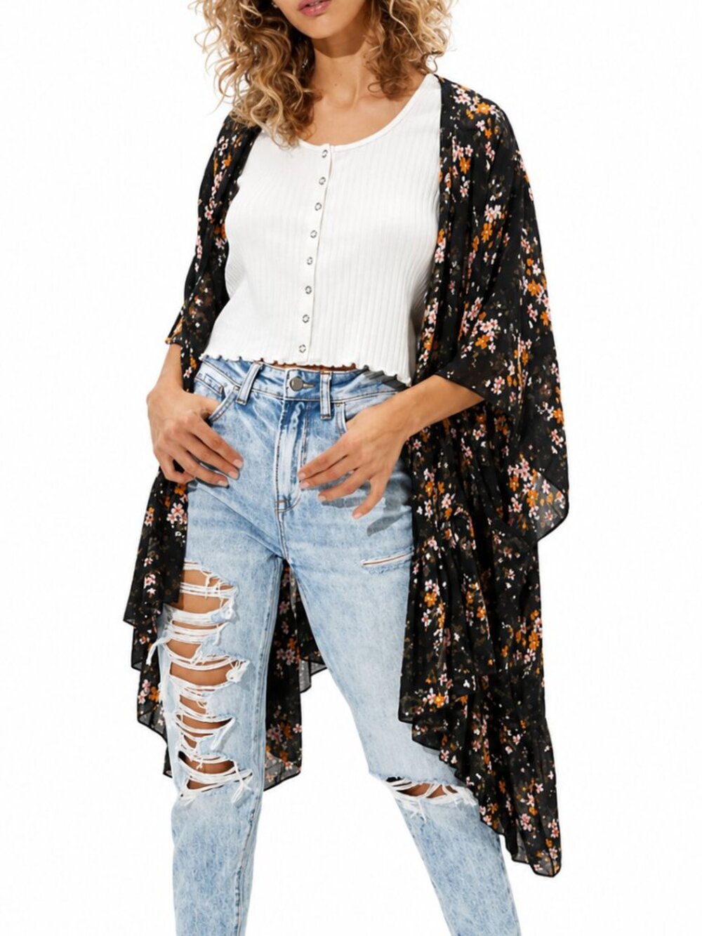 AMERICAN EAGLE Floral Kimono Cover-Up Beach Swim Layering Black Women's One Size